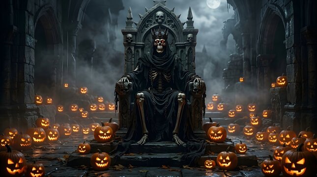 Skeleton king wearing a dark crown sits upon an ornate stone throne surrounded by many glowing carved jack o lanterns in a foggy gothic castle hall.