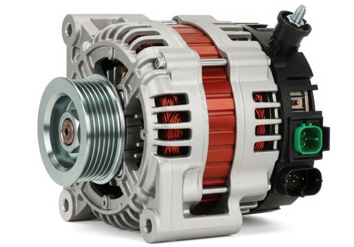 Car alternator with green connector close-up isolated on white background