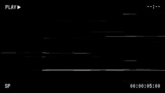Retro vhs glitch effect with play button overlay, enhanced by scanlines and old school VHS distortion on a black screen.