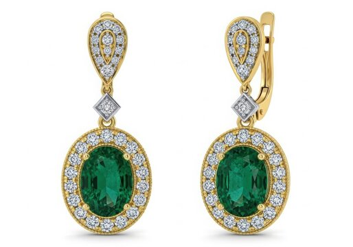 Elegant gold and diamond drop earrings with emerald isolated on white background