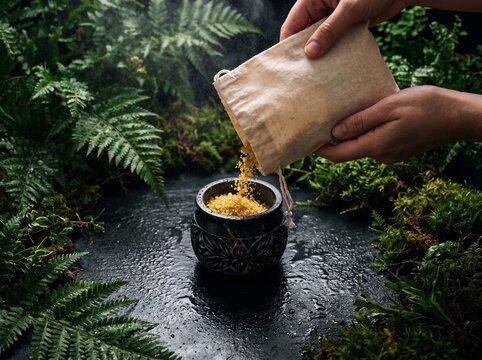 High-angle shot of hands pouring organic bath salts into soapstone jar with forest ferns and water mist on wet slate