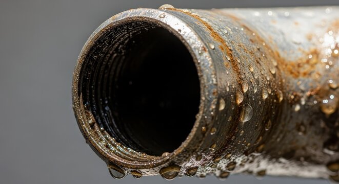 Close-Up View of Metal Pipe Showing Rust and Water Droplets