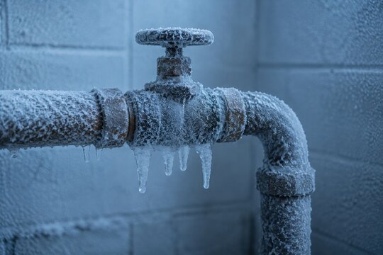 Close-up of a heavily frozen metal water pipe and valve covered in thick frost and icicles inside a cold basement. Concept of winter plumbing emergencies, property damage, and freezing temperatures.