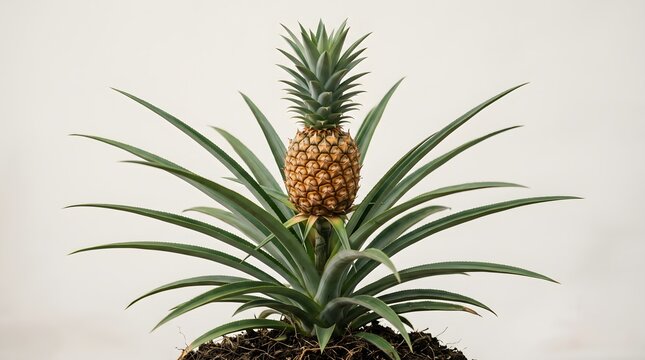 Pineapple plant with a ripe fruit growing on top.