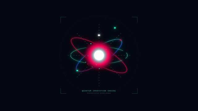 Futuristic Quantum Innovation Engine Animation with Glowing Particles and Orbital Rings HUD Style
