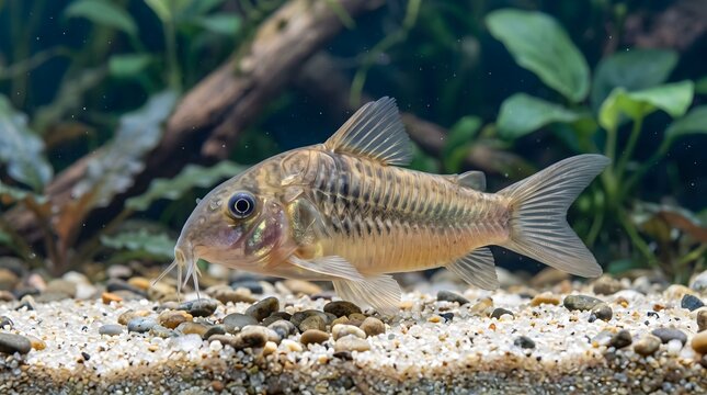 Small Corydoras Catfish Swimming in Aquarium Substrate.