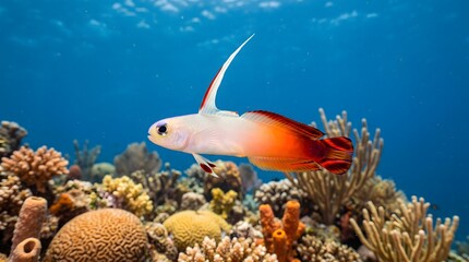 Fototapeta premium Vibrant Firefish Goby Swims Gracefully Above Colorful Coral Reef Underwater.