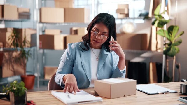 Small business, box or woman with phone call for shipping, parcel tracking or delivery coordination. Supply chain startup, worker or mobile chat with clipboard for order dispatch, courier or enquiry