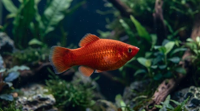 Vibrant Red Swordtail Fish Swimming in Lush Aquarium Plants.