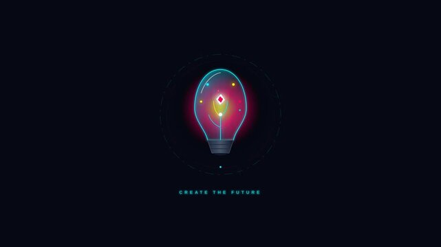 Neon Futuristic Light Bulb Innovation Concept Motion Graphics Animation with Glowing Data Elements