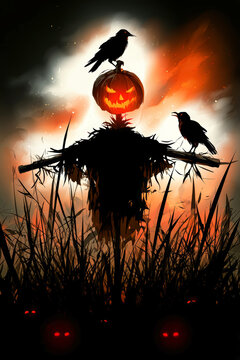 A scarecrow with a pumpkin head stands in a dark field while crows perch on its arms. Red eyes glow in the grass under a cloudy Halloween sky