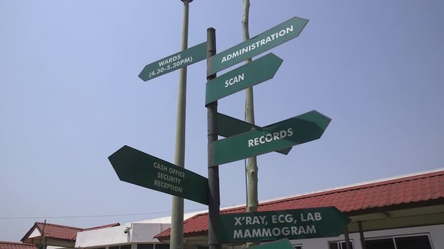 Hospital signpost in a Ghanaian hospital, with directional arrows for wards, administration, scan, records and cash office under a clear sky.