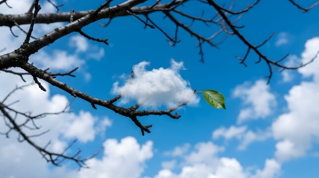 Vibrant green leaf falling from tree branches against blue sky with white clouds in a natural outdoor setting