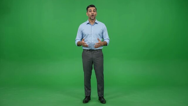 Full body shot of a confident male presenter speaking against a green screen, gesturing with his hands.