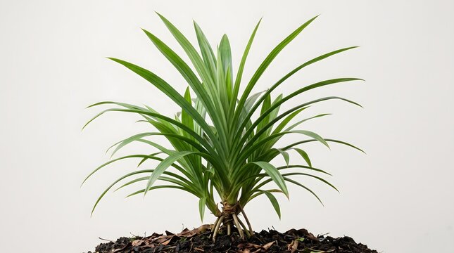 Healthy green pandan plant growing in soil with white background.