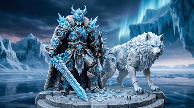 A powerful ice warrior standing with a white wolf in a frozen arctic landscape.