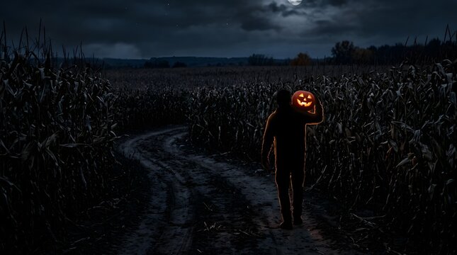Person walks along a dark rural path through a cornfield carrying a glowing pumpkin lantern under the light of a full moon.