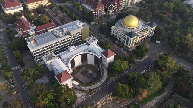 Morning aerial view of the integrated campus of the Islamic University of Indonesia, the first and oldest national private university in Indonesia located in Yogyakarta.