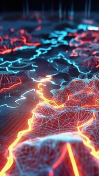 Abstract digital landscape with glowing neon lines forming a topographic map-like structure, showcasing a futuristic network or data flow. ..Created with Generative AI, not depicting real subjects.