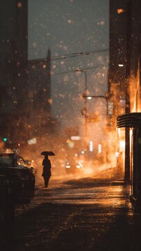 Silhouette in the Rain - A Moody Urban Scene with Warm Light.