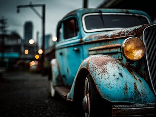 Fototapeta premium Vintage Blue Car with Rust in Urban Setting.