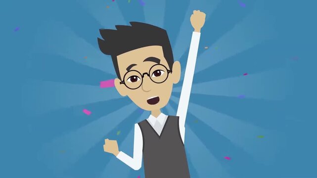 2D Animated Businessman in Glasses Cheering with Fist Up Celebration Motion Graphics Flat Vector Character Animation Footage