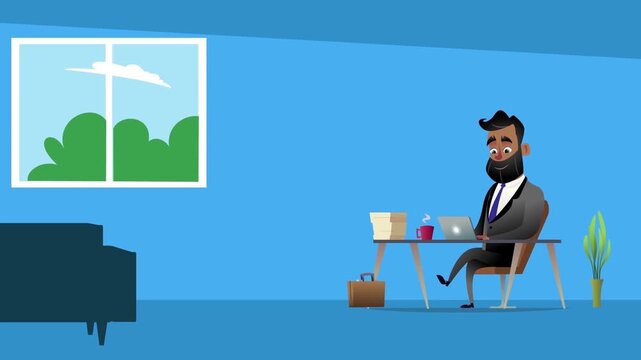 2D Animated Businessman Sitting at Desk Working on Laptop Computer in Blue Office Room Flat Vector Character Animation Footage