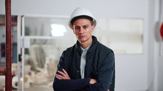 Face, man and technician with arms crossed in factory for inspection, building development or confidence. Portrait, male person and hard hat for safety, quality control and engineering for expansion