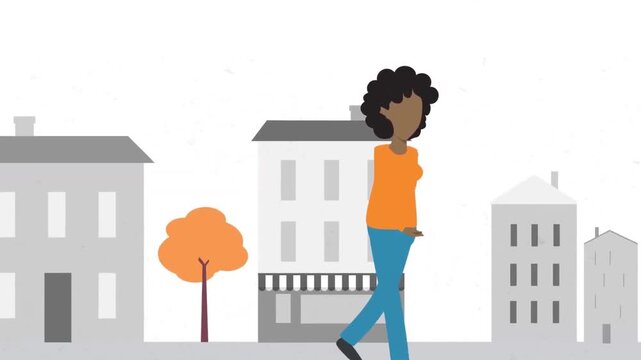 2D Animated Young African American Woman Walking along City Street with Buildings Flat Vector Character Animation Footage