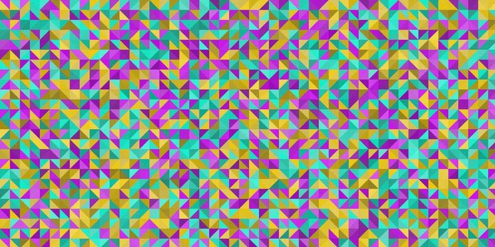 Vibrant abstract mosaic pattern of triangles in yellow purple and turquoise.