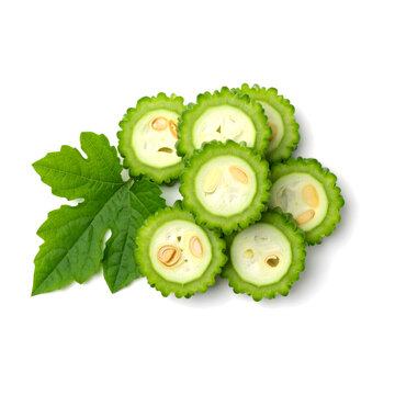 Heap of half sliced bitter gourd with green leaf on white background