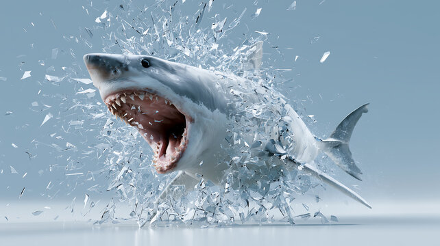 Dynamic predator emerging through shattered ice with open maw with captures high impact digital illustration large predatory fish bursting through fragmented