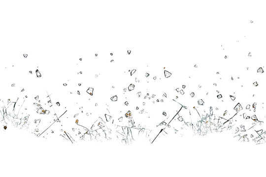 Shattered glass office storefront with broken glass fragments, realistic modern building entrance isolated on transparent background