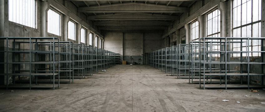  Empty industrial warehouse interior with rows of bare metal shelving units. Old abandoned factory building with dirty concrete floor, large windows, and natural daylight. Logistics and storage backgr