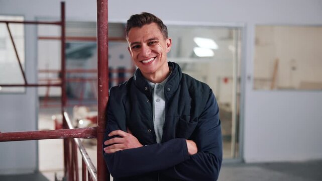 Happy, construction and face of man in building for evaluation, renovation and architecture. Contractor, portrait and person for about us, crossed arms and smile for remodeling at commercial property
