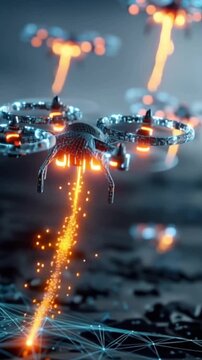 A fleet of advanced drones illuminates the night sky with vibrant orange beams, representing futuristic technology and aerial surveillance. ..Created with Generative AI, not depicting real subjects.