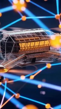 Futuristic abstract network with glowing nodes and connecting lines, centered around a transparent geometric structure. ..Created with Generative AI, not depicting real subjects.