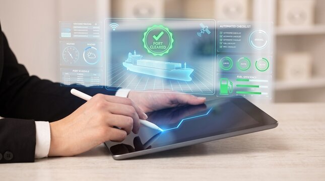 maritime transport and supply chain optimization concept showing professional reviewing port cleared shipment interface with container tracking, weather data, and schedule analytics

