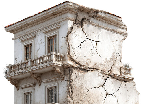 Old city building with deep cracks, weathered stone architecture, isolated cutout on transparent background