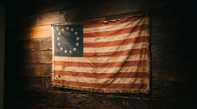 Vintage thirteen star American flag on rustic wooden wall.