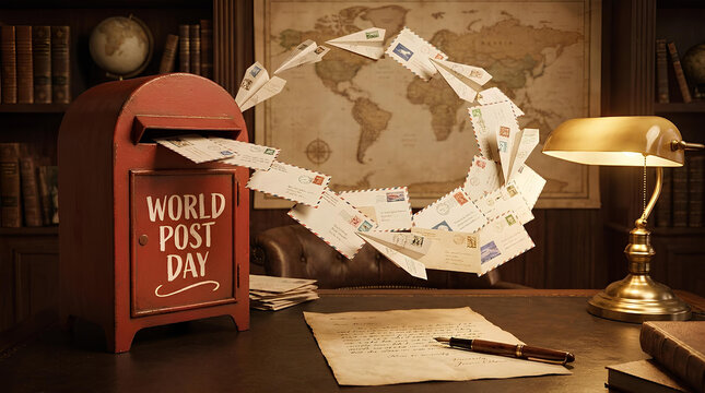 Vintage red mailbox with letters flying in circular motion.