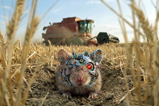 Cyborg field mouse in a harvested grain field with combine harvester in background
