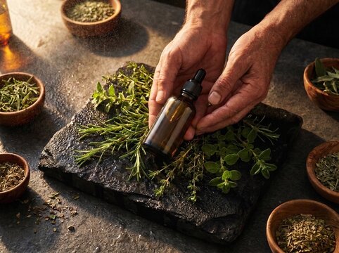 Aesthetic shot of hands holding green glass dropper bottle on black basalt with fresh rosemary, oregano, and thyme