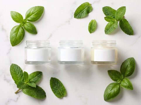 Clean professional flat lay of cosmetic glass jars styled with fresh green basil and mint on white marble slab