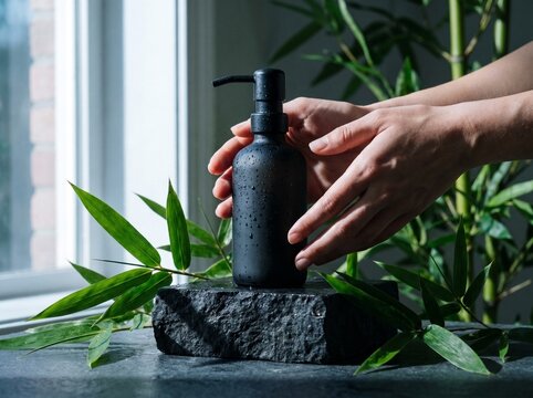 Aesthetic shot of hands holding frosted black glass bottle with water droplets and vibrant bamboo leaves on stone