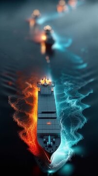 A cargo ship navigates through turbulent waters, divided by an eerie contrast of fiery orange and icy blue waves. ..Created with Generative AI, not depicting real subjects.