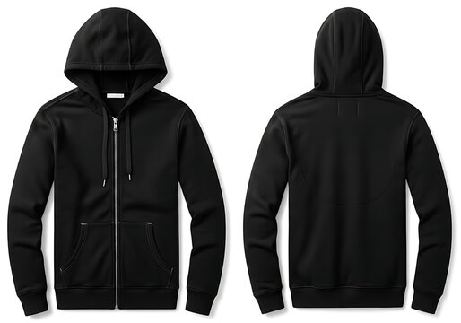 Black hoodie with front zipper and drawstring hood