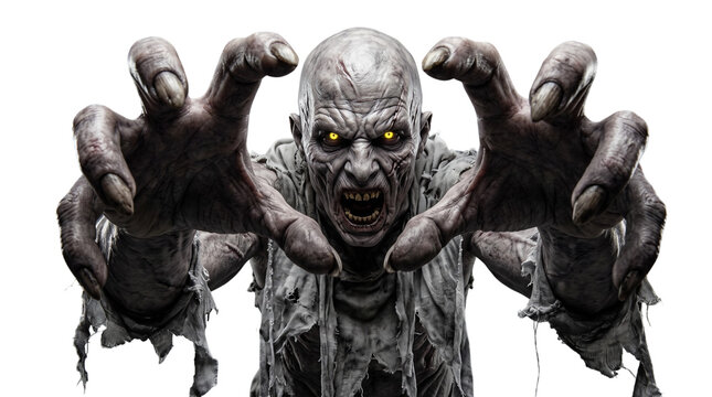 Terrifying zombie creature with yellow glowing eyes reaching out, png