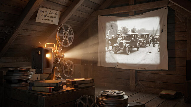 Vintage film projector playing movie in rustic attic setting.