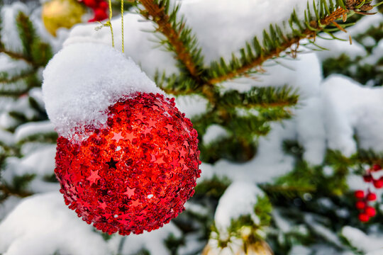 A Christmas tree stands in the snow, adorned with colorful ornaments. The scene captures the essence of holiday celebrations in a winter setting